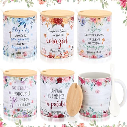 Remerry 6 Pcs Christian Women Bulk Gifts 12 oz Religious Coffee Mugs Cups Vintage Floral Ceramic Bible Verse Mugs with Lid Spoon for Sunday School Teachers Nurses Church Women Group Gifts(Spanish) - style: Spanish