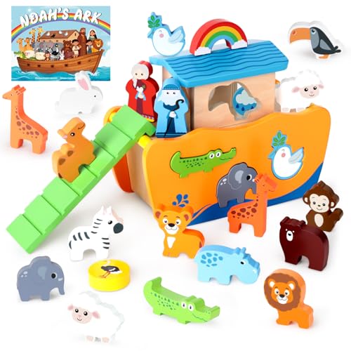Hoarosall 27-Piece Wooden Noah's Ark Toy for 1-3 Year Olds Baptism Christmas Birthday Gift Bilingual Bible Story Montessori Shape Sorter Christian Educational Toy for Boys Girls - color: Orange