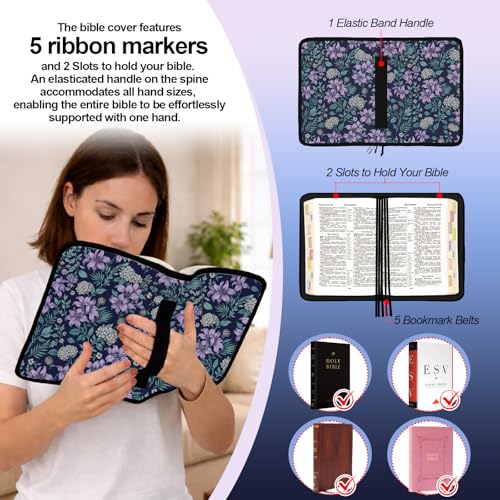 Lilac Bible Cover Case for Women with Shoulder Strap & Handle Zipper Pocket, Large Bible Bag with Study Supplies Journaling Kit Book Carrying Case, Pens Highlighters Cross Clips Tabs - color: Purple Lilac