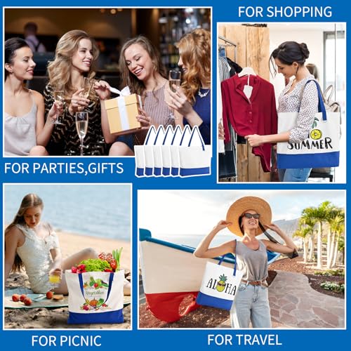 6-Pack Canvas Tote Bags with Zipper, Large Grocery Tote, Royal Blue - color: Royal Blue/White