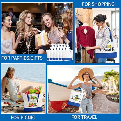 6-Pack Canvas Tote Bags with Zipper, Large Grocery Tote, Royal Blue - color: Royal Blue/White