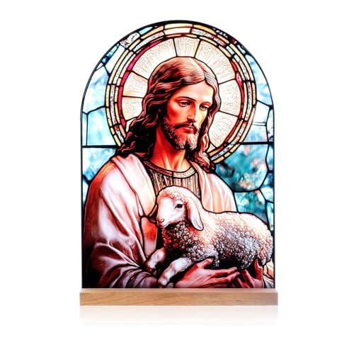 KOMI Jesus and Lamb Catholic Ornament Statue Tabletop Decor Acrylic Standing Desk Sign Home Altar Decor Christian Gifts