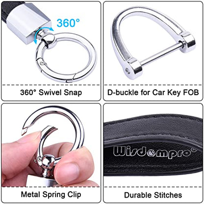 Wisdompro Genuine Leather Car Keychain, Universal Key Fob Keychain - color: Black (Silver Round Carabiner Clip)