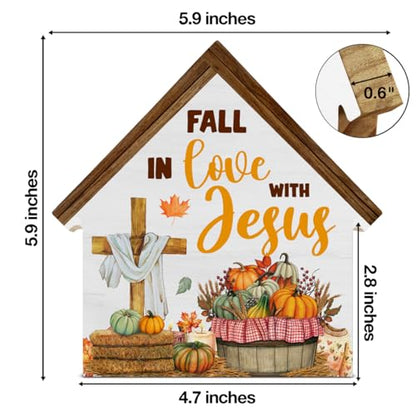 Christian Fall Decor, Fall in Love with Jesus House Shaped Wood Block Sign - color: Jesu-2