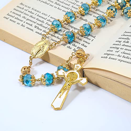 Nazareth Store St. Benedict Deep Blue Crystal Beads Rosary Prayer Necklace Golden Miraculous Medal & Gold Enamel Cross - color: Blue