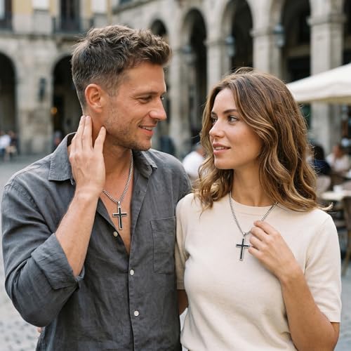 MRENITE Silver Natural Stone Cross Necklace, Classic Latin Cross Pendant Necklace for Unisex Women Man, Vintage Crystal Quartz Cross Necklace with 20+2 Inches Adjustable Cuban Chain - style: Black Onyx