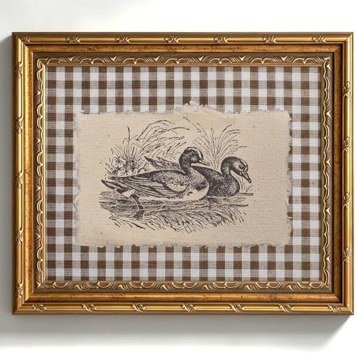 Vintage Duck Wall Art Cottage Core Farmhouse Canvas Room Decor Rustic Gingham Print Vintage Country Pictures Sketch Duck Painting Cottagecore Animal Artwork for Living Room Bedroom 9x11 Inch Gold Framed - color: Swimming Duck Prints, size: 9x11 Inch Gold