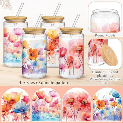 Mumufy 4 Pack Watercolor Flower Glass Cup, 16oz Tumbler Mug with Bamboo Lid - style: Watercolor Flower
