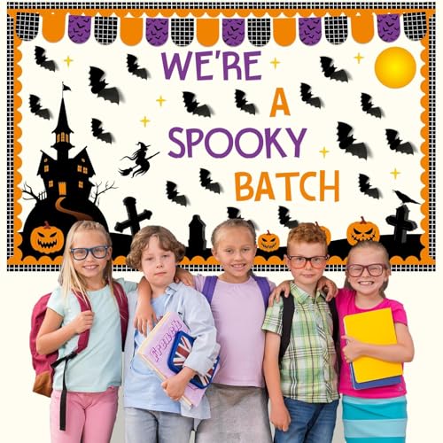 Halloween Bulletin Board Set 3D Halloween Bat Classroom Bulletin Board Pumpkin Castle Witches Paper Cutout Spooky Scary Decoration for Kid Holiday Home School Classroom Wall Chalkboard Decor - style: Halloween