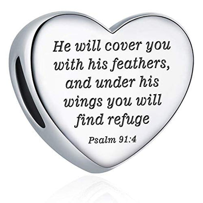 Heart Charm Fit Pandora Charms Bracelet Christian Bible Verse Charm Prayer Faith Religious Charms Gifts for Women - style: He will cover you with his feathers,and under his wings you will find refuge Psalm 91:4