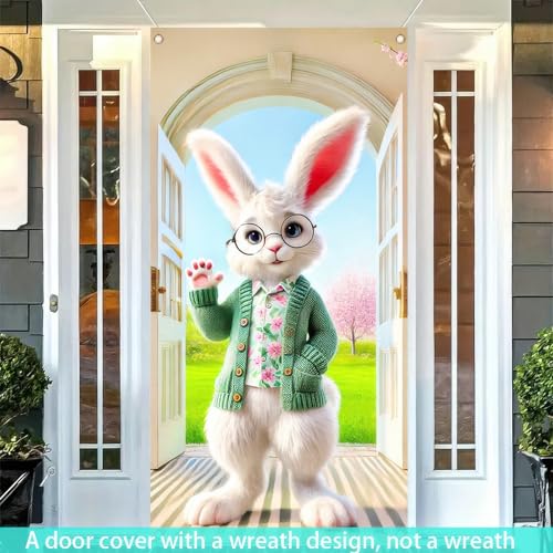 BlissYard Door Cover Easter Floral Egg Bunny 35x71 Inch Polyester - color: Green