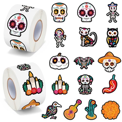 BeYumi Sugar Skull Roll Stickers - 1000Pcs Day of The Dead Stickers in 2 Rolls Dia de Los Muertos Sugar Skull Waterproof Vinyl Decals Halloween Mexican Festival Party Supplies Classroom Decor for Kid - style: Mixed Sugar Skull Style 2