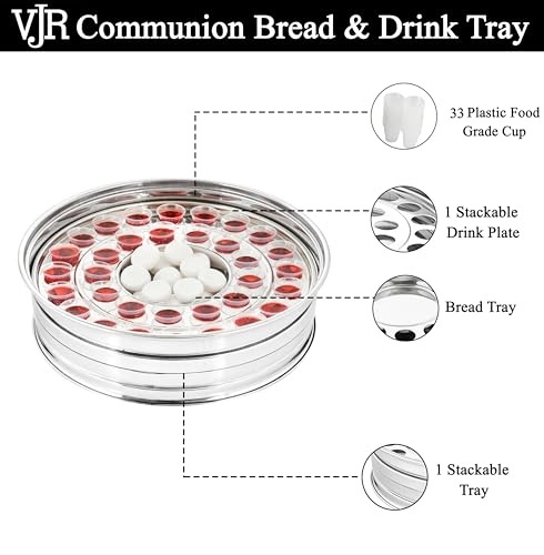 VJR Communion Tray for Churches with Lid, 33-Cup Stainless Steel Communion Set with Reusable Cups, Stackable Church Communion Serving Tray with Bread & Drink Plate, Silver, Rust Resistant - style: Bread only tray without lid