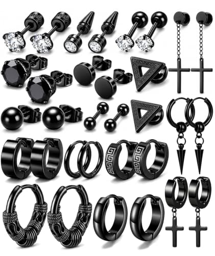 16 Pairs Men Earrings Set -Stainless Steel Cross Dangle Hoop & Ear Stud Fashion Piercing Jewelry for Birthdays, Parties & More (Black)