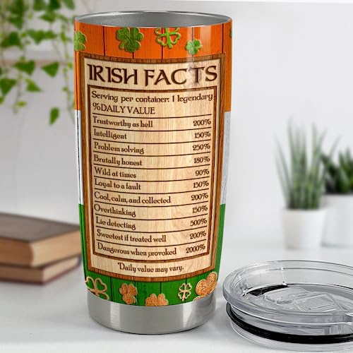 SANDJEST Irish Tumbler 20oz Celtic Cross Irish Fact Stainless Steel Tumbler with Lid Gifts for Women Birthday Christmas - color: Irish