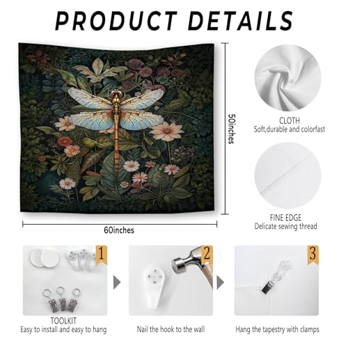 Foritho Dark Green Dragonfly Floral Botanical Tapestry, Vintage William Morris Dragonfly Tapestry Wall Hanging, Cottagecore Flower Wall Tapestries for Bedroom Home Decor, 50x60 Inch - color: Color 01