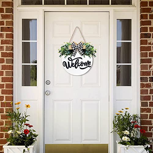 White Welcome Sign for Front Door, 12 Inch Round Wood Wreath