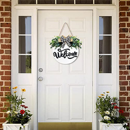 White Welcome Sign for Front Door, 12 Inch Round Wood Wreath