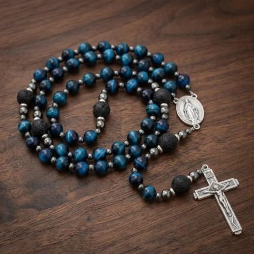 Nazareth Store Blue Tiger Eye Rosary Beads, Handmade Catholic Rosary Necklace with Lava Stone Beads and Our Father Crucifix, Five Decade Prayer Rosary, Religious Gift - style: Miraculous