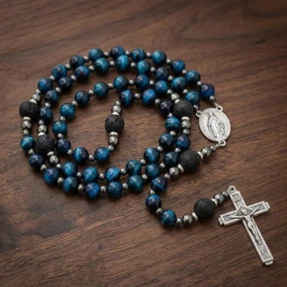 Nazareth Store Blue Tiger Eye Rosary Beads, Handmade Catholic Rosary Necklace with Lava Stone Beads and Our Father Crucifix, Five Decade Prayer Rosary, Religious Gift - style: Miraculous