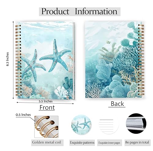 GDJIEGBC Teal Starfish Ocean Beach Notebook, Nautical Coastal Journal for Women, Beach Themed Gifts, Marine Biology Gifts, Watercolor Starfish Marine Life Spiral Notebook Journal 5.5x8.3 - color: Color 04