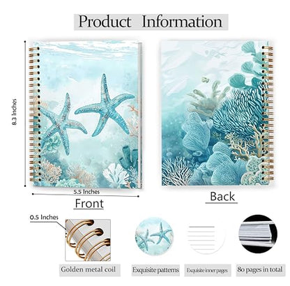 GDJIEGBC Teal Starfish Ocean Beach Notebook, Nautical Coastal Journal for Women, Beach Themed Gifts, Marine Biology Gifts, Watercolor Starfish Marine Life Spiral Notebook Journal 5.5x8.3 - color: Color 04