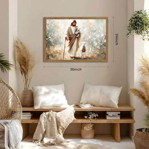 Christian Wall Art, Jesus the Good Shepherd Canvas Painting, Lost Sheep Biblical Scene, 3D Textured Sandstone Style Wood Framed Artwork for Living Room Prayer Room Bedroom 36x24 Ready to Hang - color: Jesus Finds The Lost Lamb, size: 36"L x 24"W