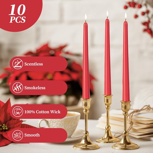 KONNI 0.87×10 Inch Red Taper Candles, Unscented and Smokeless Tall Candlesticks, 10 Pack Tapered Candles with Cotton Wicks, Long Burning, Ideal for Weddings, Dinner Parties, and Home Décor - color: Red