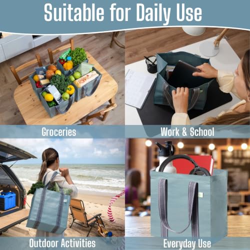 VENO 2/4 Pack Compact Reusable Grocery Shopping Bags with Hard Bottom - color: Light Blue-4 Pack