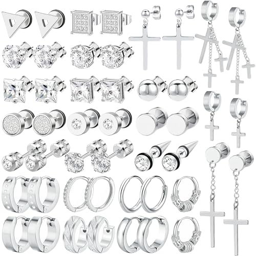 NEWITIN 24 Pairs Stainless Steel Earrings for Men Hypoallergenic Inlaid Cubic Zirconia Studs Hoop Earring Cross Dangle Earrings Unisex Punk Stud Earring for Women Men - color: Different Silver