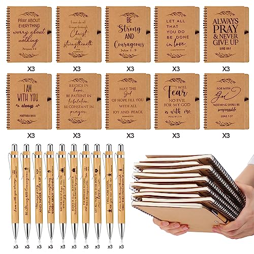 Kosiz 60 Pcs/30 Set Christian Gift Bulk Spiral Notebook and Pen, Brown - color: Brown