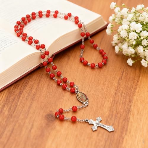 48 Pcs Scented Rosary Necklace Set with Gift Box – Wooden Bead Rosary with Crucifix for Women & Men, First Communion, Baptism, Party Favors - color: Red