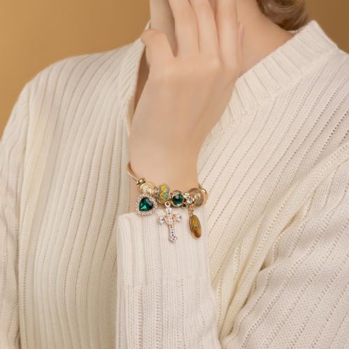 A&K Collections Mothers Day 18K Gold Beads Easter Basket Stuffers Bangle with Rhinestones Pandora Style Trendy Cross Heart Charm Luxury Adjustable Bracelet for Women Teen Girl Gifts Trendy Stuff Religious Jewelry - color: 18K GOLD/Green Charms