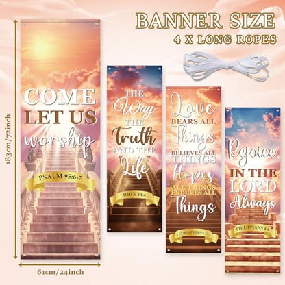 4Pcs Church Banners With Scripture Church Banners for Sanctuary Wall Worship Welcome and Holiday Religious Hanging Backdrop Stairway to Heaven Christian Porch Signs Decors for Churches School - style: Stairway to Heaven