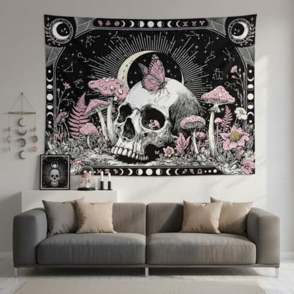 Accnicc Gothic Skull Butterfly Mushroom Tapestry 90 x 68 Inch - color: Pink White, size: 90"L x 68"W
