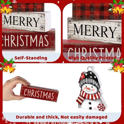 Lineshading 4 Pcs Christmas Table Decoration Wooden Snowman Decor Christmas Tiered Tray Decor Red Buffalo Plaid Block Signs Snowman Table Centerpiece Farmhouse Winter Decoration for Home Kitchen Shelf - style: Christmas Snowman