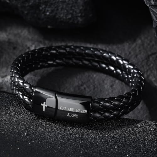 Christian Bracelet for Men, Bible Verse Leather Cross Gift for Men - color: A-To My Husband-You Are Never Alone-Love You Forever