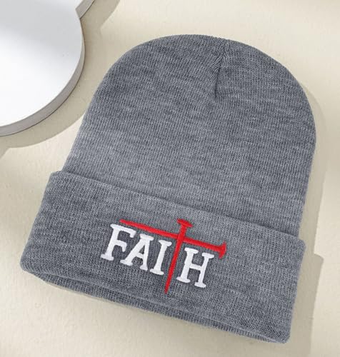 Christian Jesus Cross Beanie - Faith Winter Beanie Hats for Men Women - Religious Gifts for Christmas & New Years - color: Faith-red Cross/Grey