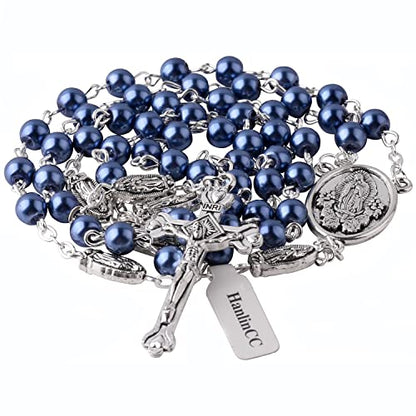 HanlinCC Guadalupe Catholic Rosary Glass Pearl Beads Necklace with Gift Box - color: Guadalupe Rosary Blue