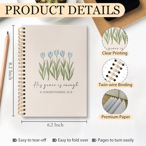 huester Christian Floral Notebook Journal, Blue Tulip Flowers His Grace Is Enough Bible Journal, Bible Journaling Notebooks for Note Taking, Floral Hardcover Paper Spiral Notebook, 5.5x8.3 Inch - color: Christian01