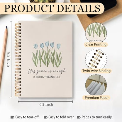 huester Christian Floral Notebook Journal, Blue Tulip Flowers His Grace Is Enough Bible Journal, Bible Journaling Notebooks for Note Taking, Floral Hardcover Paper Spiral Notebook, 5.5x8.3 Inch - color: Christian01