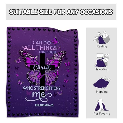 CIUGOIG Christian Gifts for Women - I Can Do All Things Christ Blanket 50"x60" - Inspirational Religious Birthday Catholic Spiritual Gifts Faith Based Gift - Purple Christian Throw, Butterfly - color: Christian-purple, size: 50"x60"