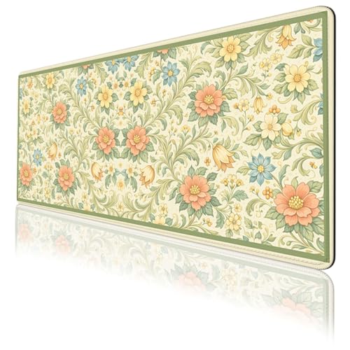 Vintage Floral Mouse Pad Green Botanical Cottage Garden Extended Mousepad Waterproof Stitched Edges Rubber Base Non-Slip Deskmap Computer Keyboard Mat 31.5x11.8 Inch - color: Vintage Floral, size: 31.5" x 11.8"