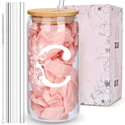 Personalized Tumbler, Monogrammed Can Glass Cups with Bamboo Lids and Straws, Customized Gifts for Women, Cute Design Initial Iced Coffee glasses, Custom Letter Mug, Birthday Bridesmaid, C - style: Monogram C