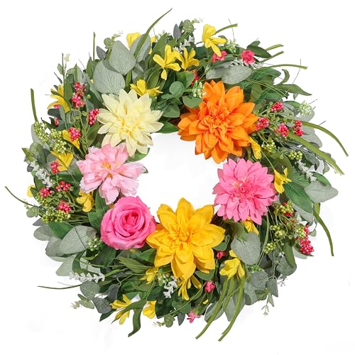 Summer Wreaths for Front Door 24 Inch, Artificial Spring Wreath with Dahlia and Peony for All Season Home Decor Easter Indoor Outdoor Wall Home Festival Celebrations - color: Dahlia
