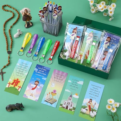 CroBlissful 60 Pcs Christian Jesus Pens Bulk Religious Gift Set Cute Jesus Ballpoint Pens Bible Verse Inspirational Card Scripture Silicone Keychains for Back to School, Communion, Easter, Vbs, Sunday