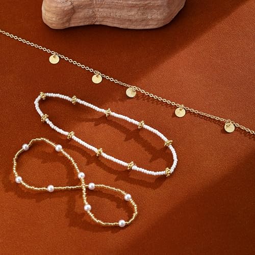 Ankle Bracelets for Women Waterproof Non Tarnish Anklet - style: 3 Layered Pearl&Disc-GD