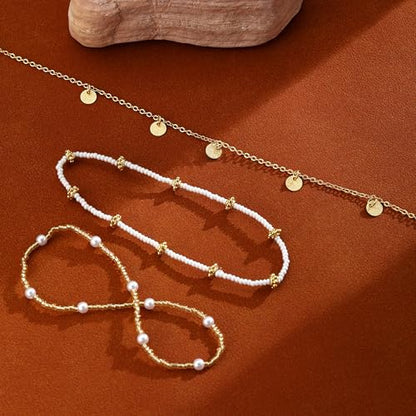 Ankle Bracelets for Women Waterproof Non Tarnish Anklet - style: 3 Layered Pearl&Disc-GD