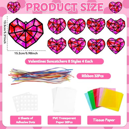 32 Sets Heart Suncatchers Craft Kit for Valentine's Day DIY Window Stained Glass Paper Pink Love Home School Classroom Decor Valentines Art Craft Creative Activity Project Kid Christmas Gift Favor - style: Valentines