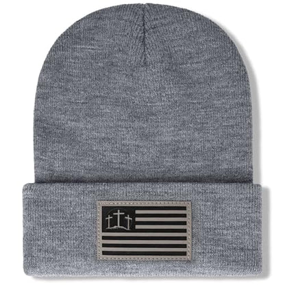 Christian Cross Beanie Hats for Men Women, Faith Winter Cuffed Hats, Religious Gifts for Thanksgiving Christmas New Years - color: Grey, style: Three Cross Flag